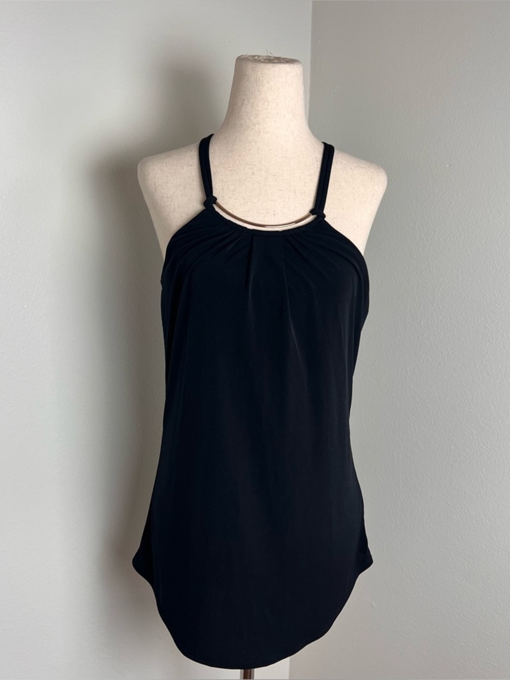 Vintage 90s Worthington black halter neck top with metal crescent detail Size S